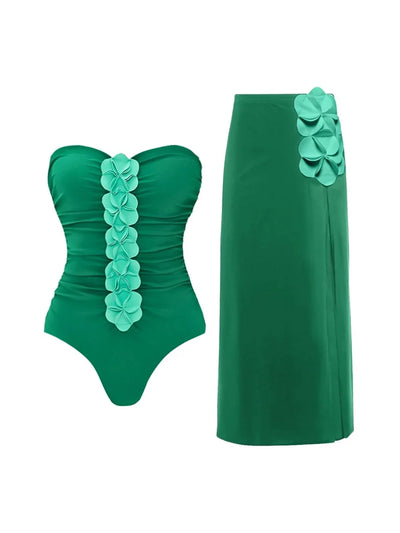 Green 3D Floral Strapless Swimsuit