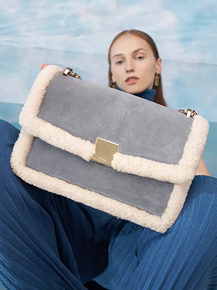 Vintage Shearling Leather Shoulder Crossbody Bag