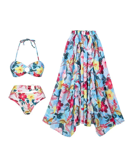 One Piece Cutout Printed Swimsuit Set