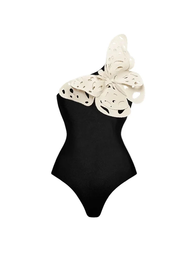 3D Butterfly Decor Black Swimsuit Set