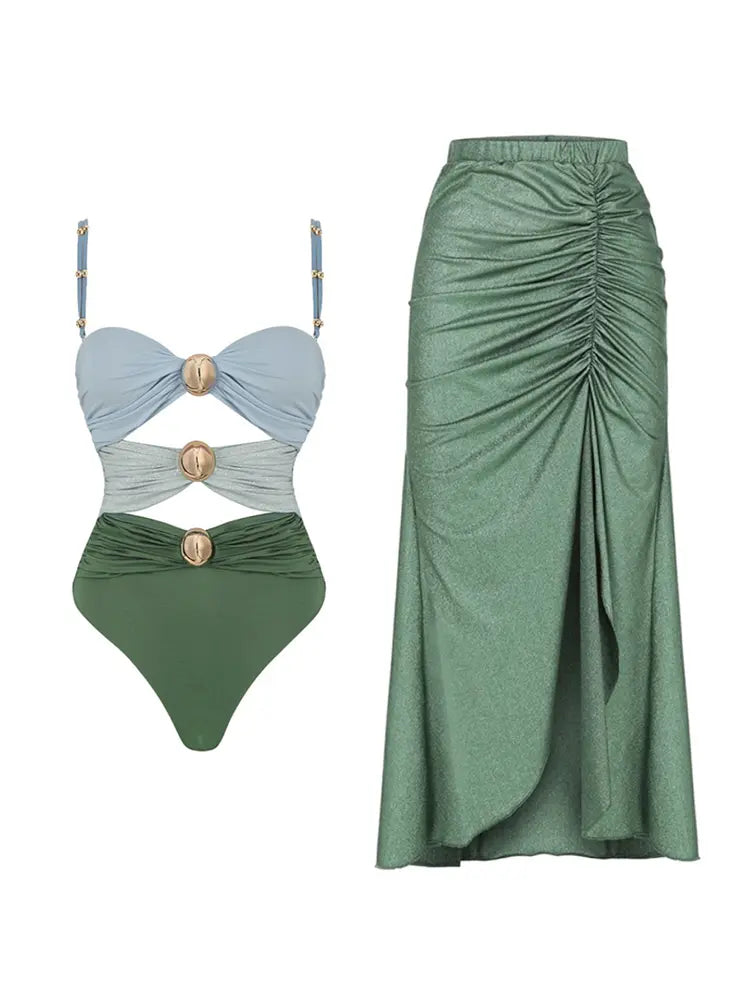 Morandi Green Colorblock High-Waist Swimsuit Set