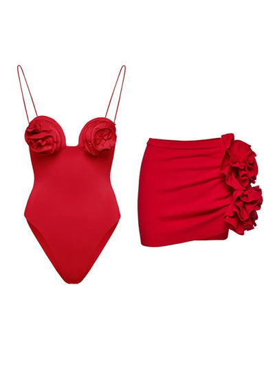 Floral Appliqué Swimsuit Skirt Set