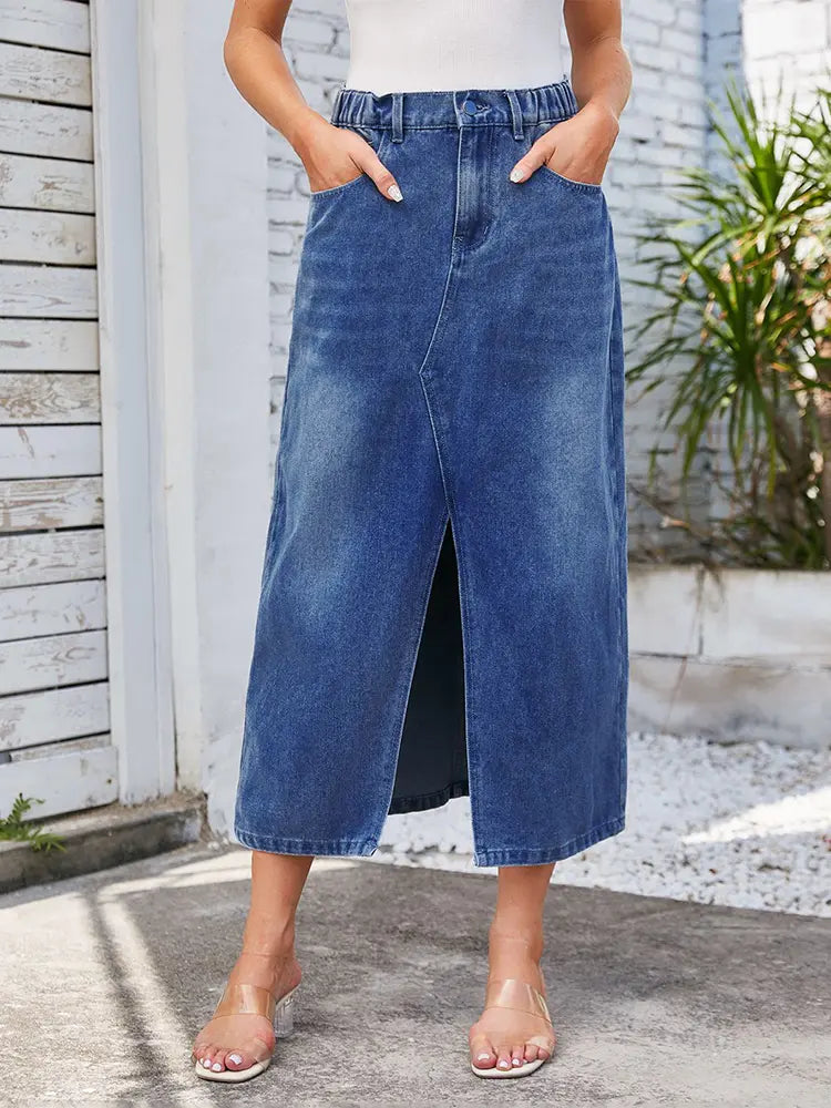 Washed Elastic Waist Denim Midi Skirt
