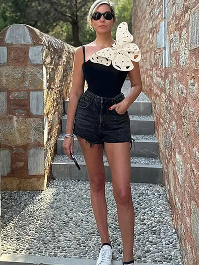 3D Butterfly Decor Black Swimsuit Set