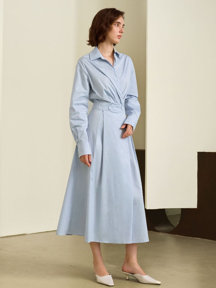 French Blue Belted Shirt Midi Dress