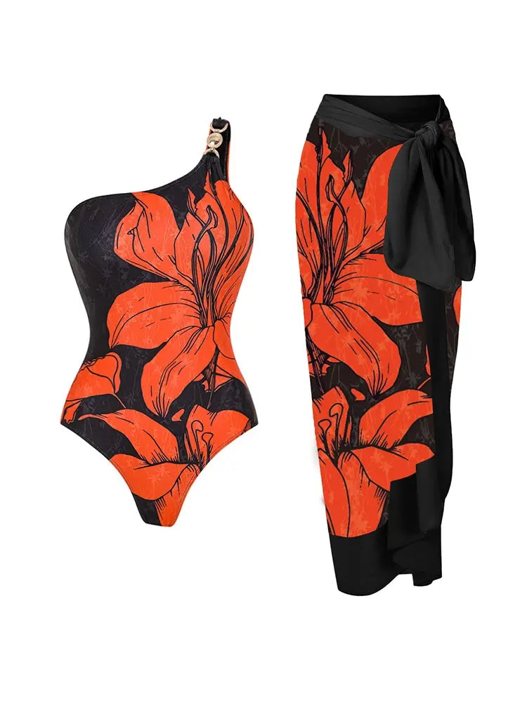 One Shoulder Printed One Piece Swimsuit Set