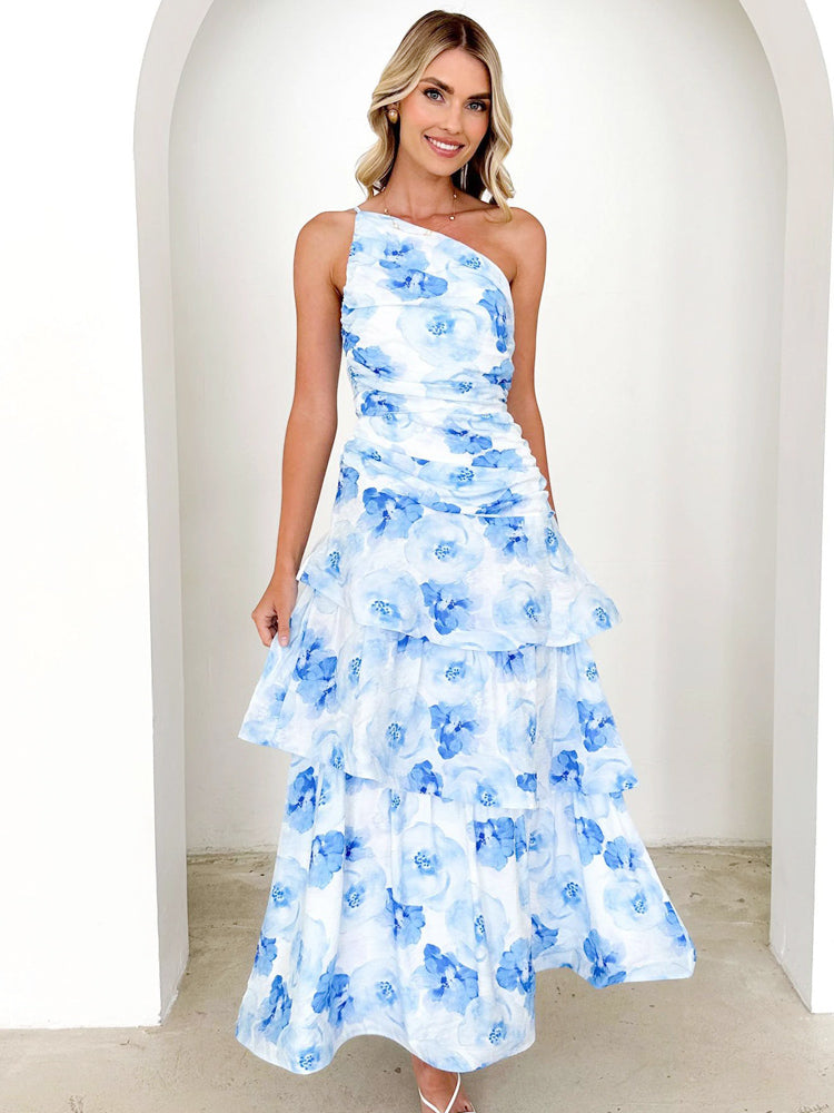 One-Shoulder Strappy Floral Print Dress