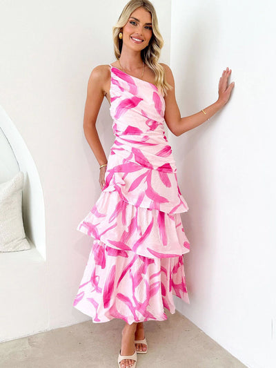 One-Shoulder Strappy Floral Print Dress