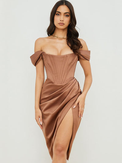 Cap Shoulder Corset Bodycon Midi Dress - Toffee Brown