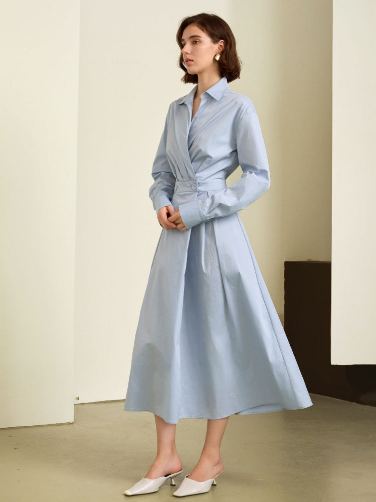 French Blue Belted Shirt Midi Dress