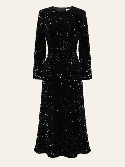 Sequin Decorated Velvet Midi Dress In Black