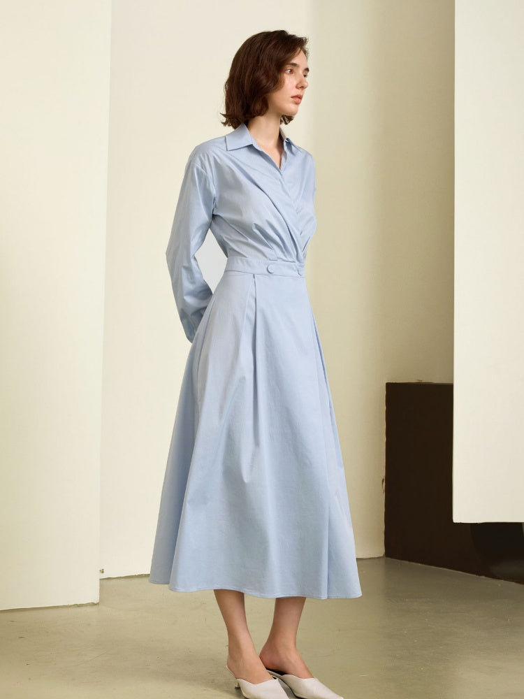 French Blue Belted Shirt Midi Dress
