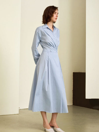 French Blue Belted Shirt Midi Dress