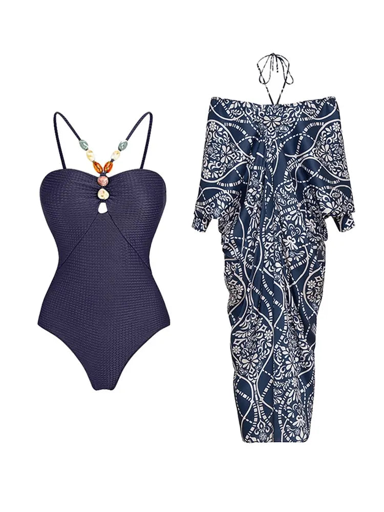 Beaded Textured Fabric One Piece Swimsuit Set