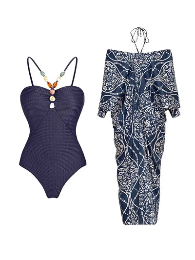 Beaded Textured Fabric One Piece Swimsuit Set