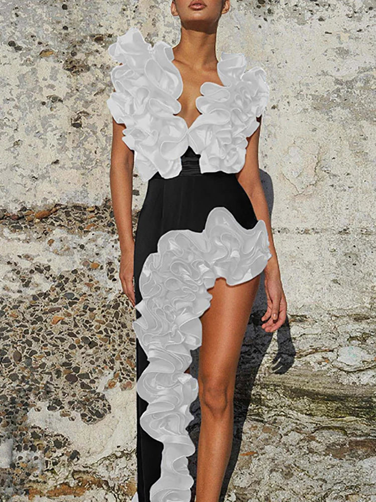 Ruffled V-Neck Mixed Colors Swimsuit Set