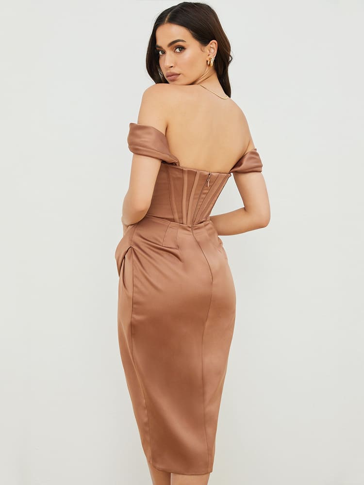 Cap Shoulder Corset Bodycon Midi Dress - Toffee Brown