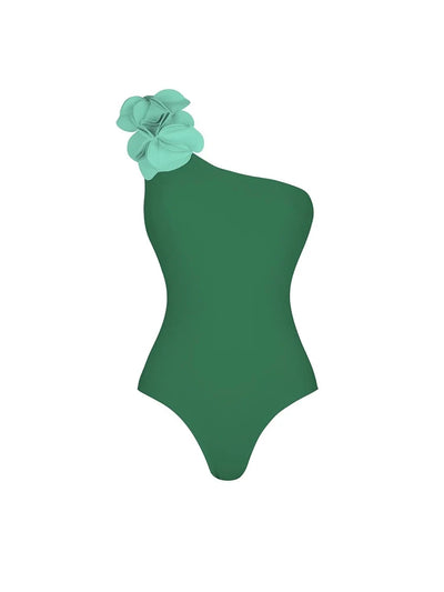 Green One-Shoulder 3D Floral Swimsuit