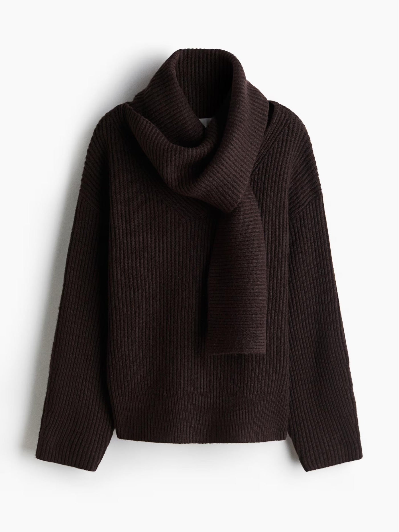 Loose Rib-Knit Scarf-Collar Sweater