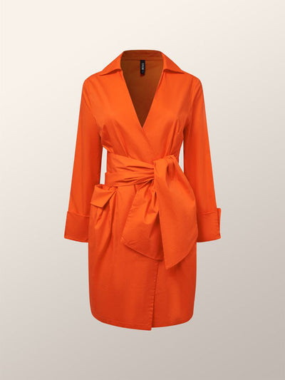 Orange Draped Cotton Wrap-Shirt Dress