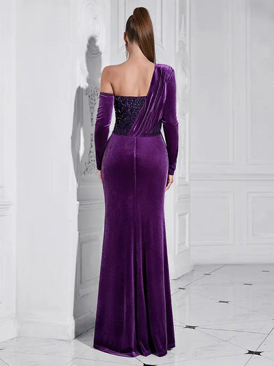 Purple Sequin High-Slit Long Dress