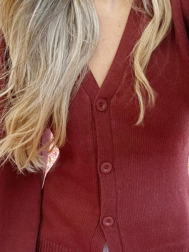 Solid Color V-Neck Button-Up Knit Cardigan