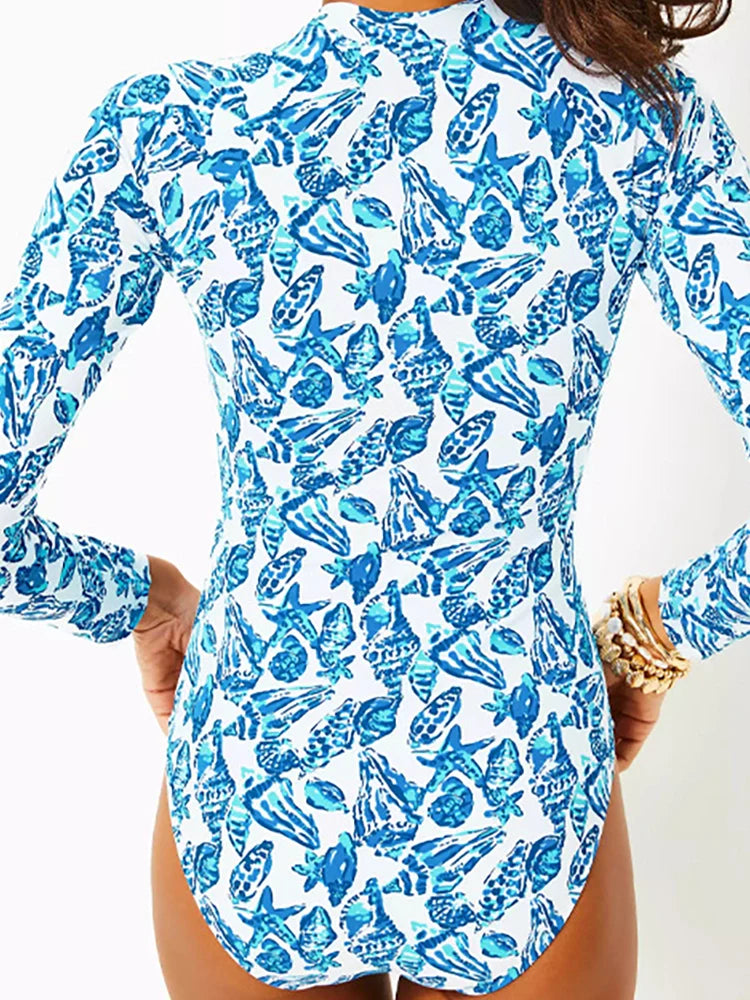 Green Zip-Up Floral Surf Swimsuit Set