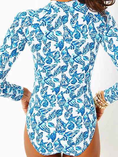 Green Zip-Up Floral Surf Swimsuit Set