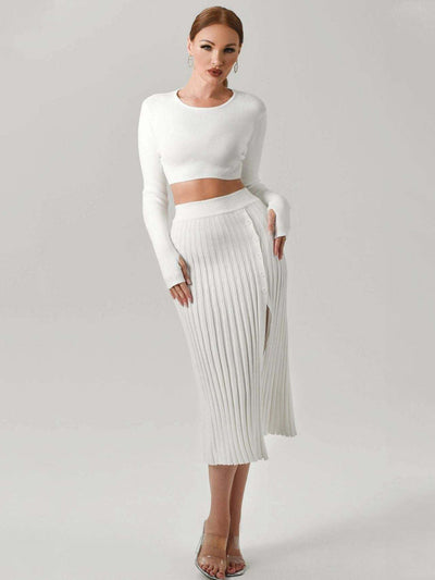 Stylish Solid Color Pleated Knit Skirt Set