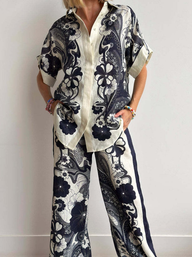 Stylish Linen Printed Pants Set