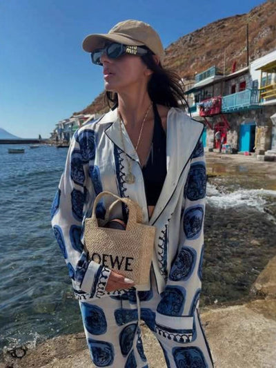 Elegance Blue Checkerboard Pants Sets