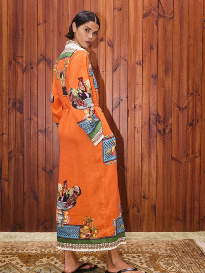 Long-Sleeve Linen Waist Dress