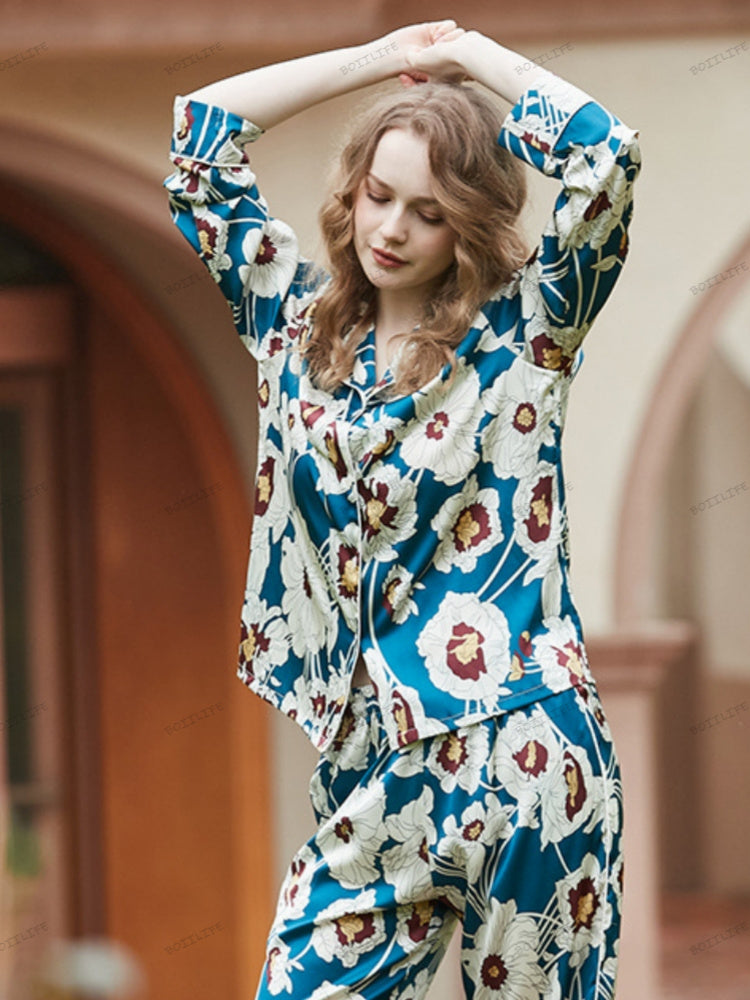 Blue Floral Pattern Ice Silk Long Sleeve Loungewear Set