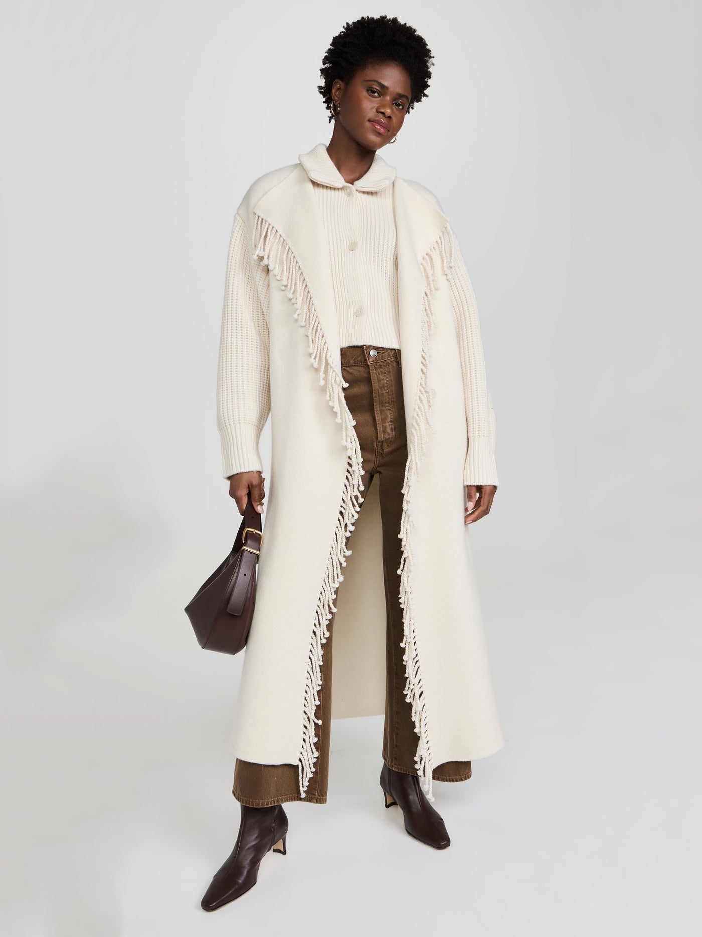 Cream Fringe-Trimmed Knit Longline Coat