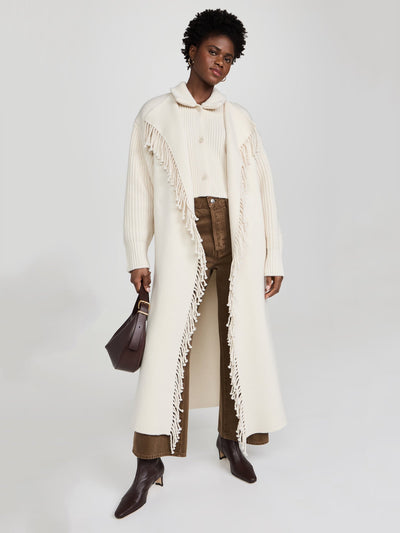 Cream Fringe-Trimmed Knit Longline Coat