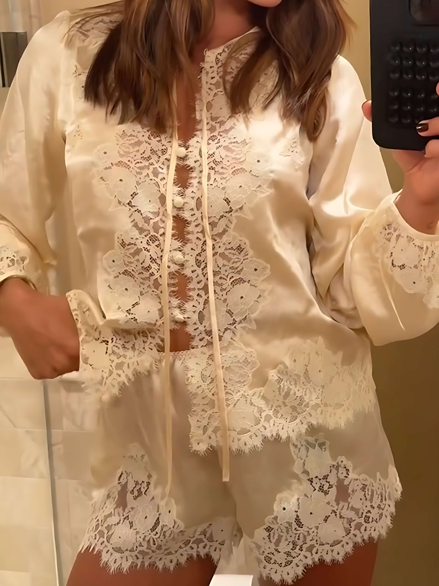 LaceTrimmed Satin Pajama Set