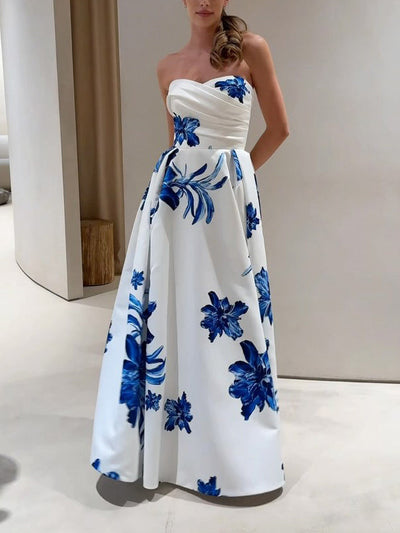 Elegant Off-The-Shoulder Ruffled Fitted Floral Print Maxi Dress