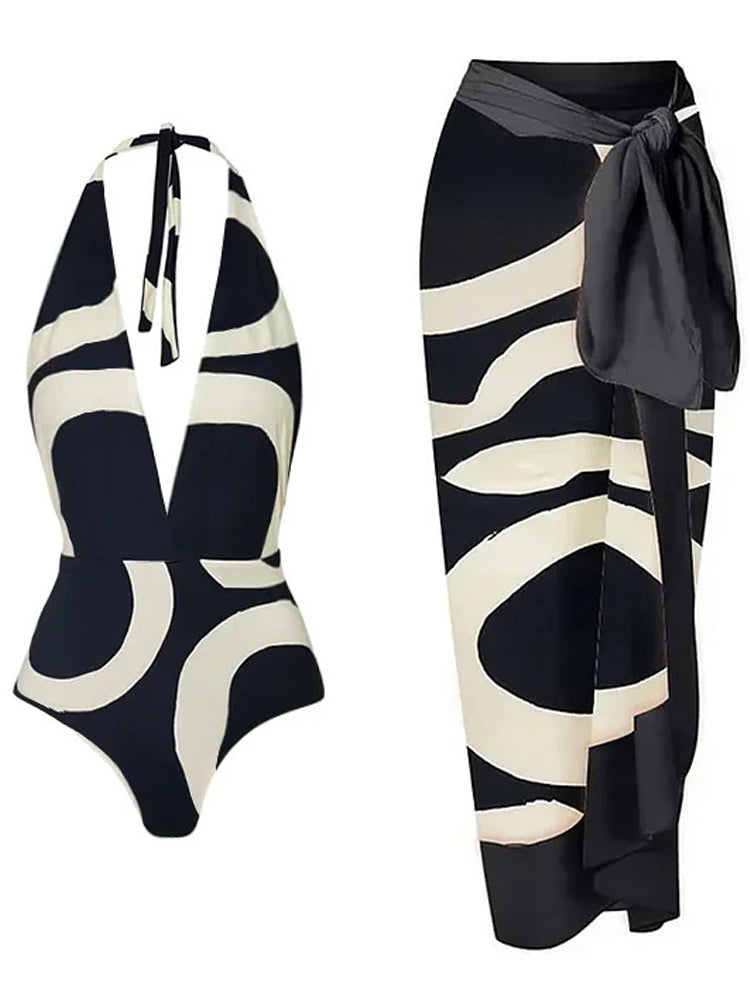 Colorblock Halter High-Waist One-Piece Swimsuit