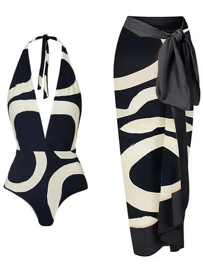 Colorblock Halter High-Waist One-Piece Swimsuit