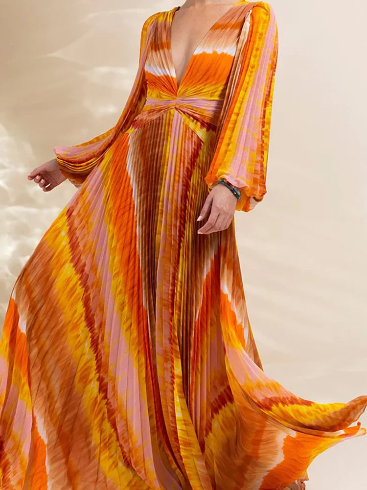 V-Neck Long Sleeve Printed Swimsuit Set