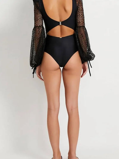 Long Sleeve Sheer Mesh Cutout Swimsuit