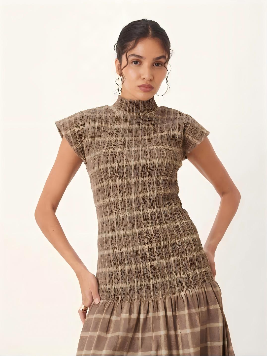 Check Shirred Drop Waist Maxi Dress