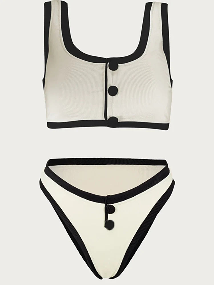 Elegant Contrast Button Detail Two-Piece Swimsuit
