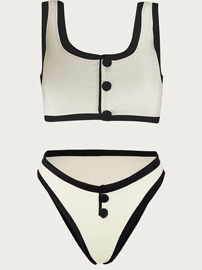 Elegant Contrast Button Detail Two-Piece Swimsuit