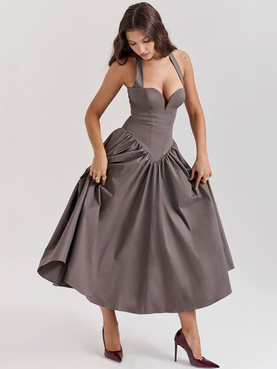 Halter Neck Midi Dress with Side Slit - Smoky Gray