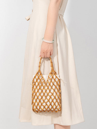 Hollow-Out Wooden Bead Woven Tote Bag