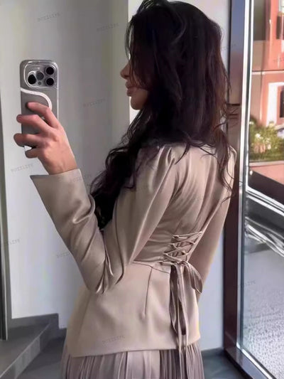 Color Block Splicing Slim Fit Lace-Up Long Sleeve Maxi Dress