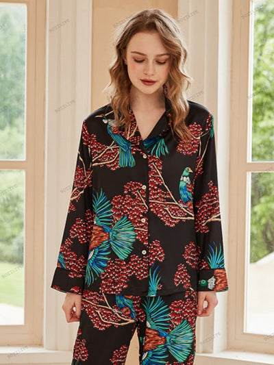 Bird of Paradise Pattern Ice Silk Long Sleeve Pajama Set