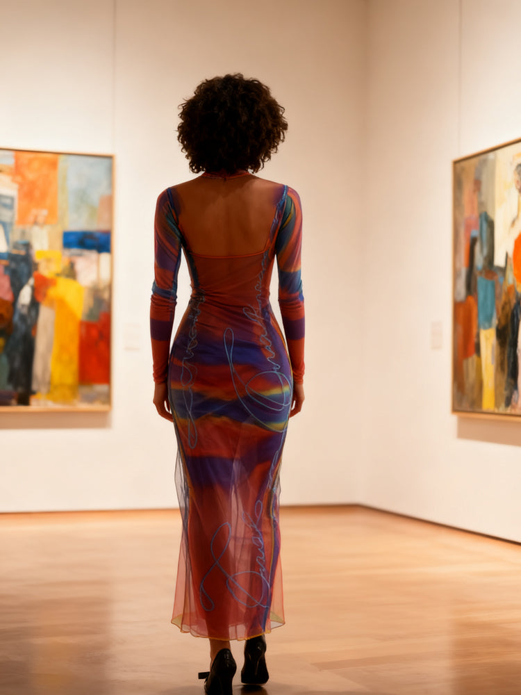 Ombre Mesh Tulle High-Neck Maxi Dress