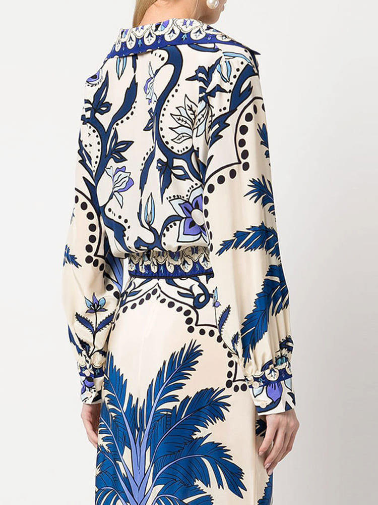 Fashion Printed V-Neck Long Sleeve Cropped Top and Skirt Set